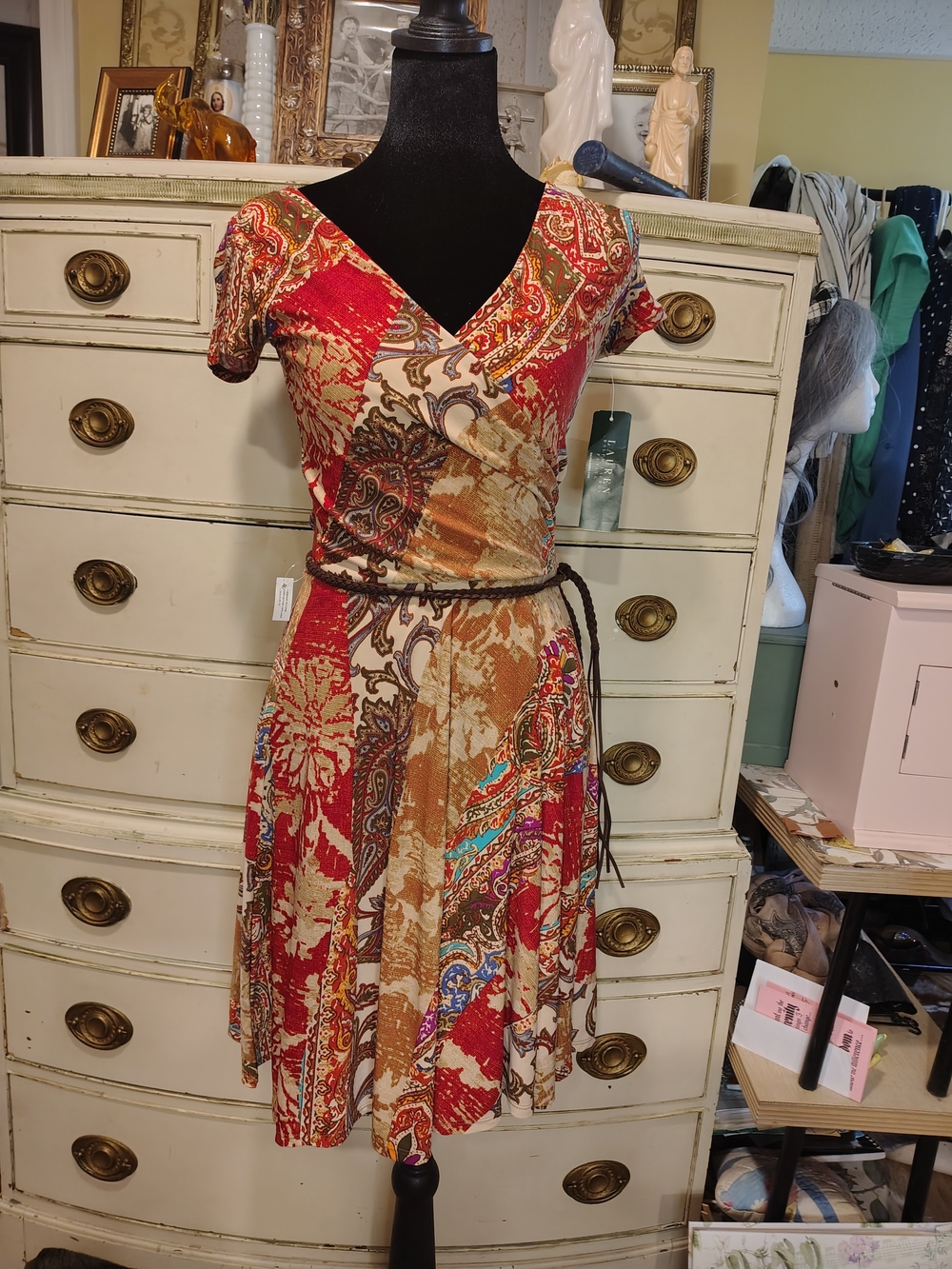 Lauren Ralph Lauren Red and Tan Patchwork Wrap-Style Midi Dress